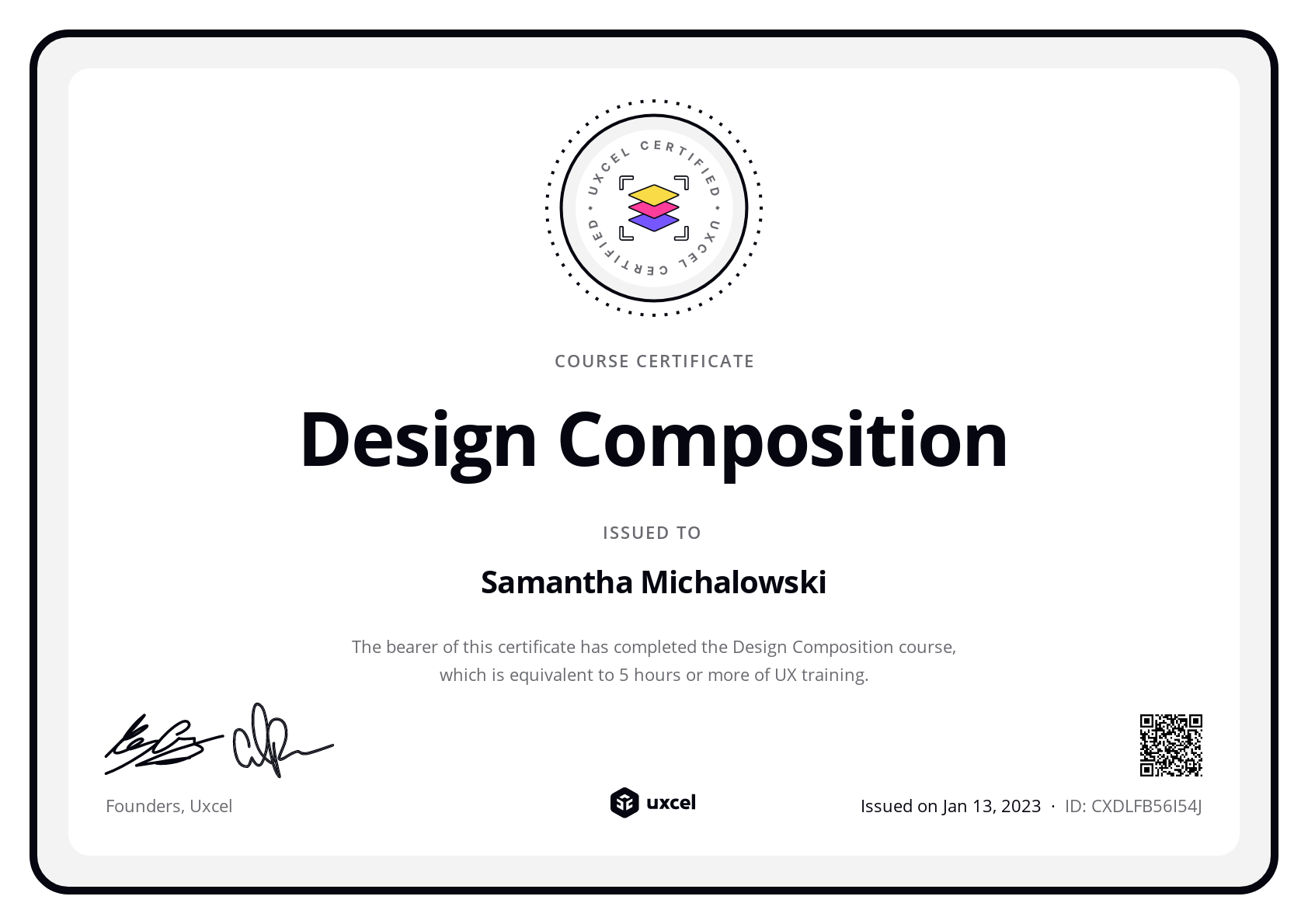 Samantha Michalowski's certificate